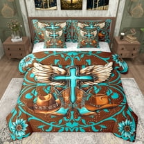 Manfei Hippie Cowgirl Boot Bedding Comforter Set 7pcs for Teen, Brown Cyan Cross Queen Bedding Sets, Vintage Western Theme Reversible Queen Sheet Sets, Microfiber Bedroom Decor