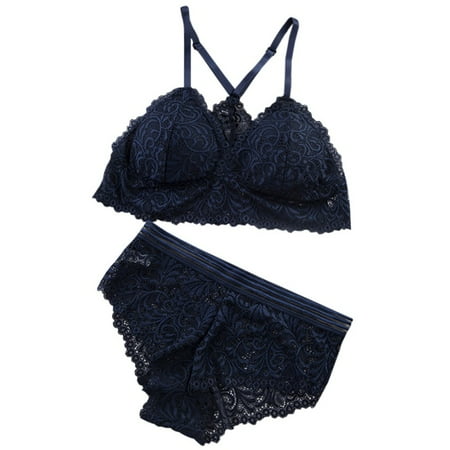 

Promotion Clearance! Women Sexy Lace Bra Sets Women Seamless Embroidery Bralette Wireless Breathable Underwear Brief Sets Dark Blue