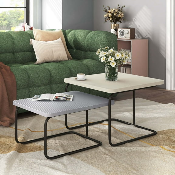 Furniture of America Torra Wood 2-Piece Indoor Nesting Coffee Table, Cream Weave and Gray Pure