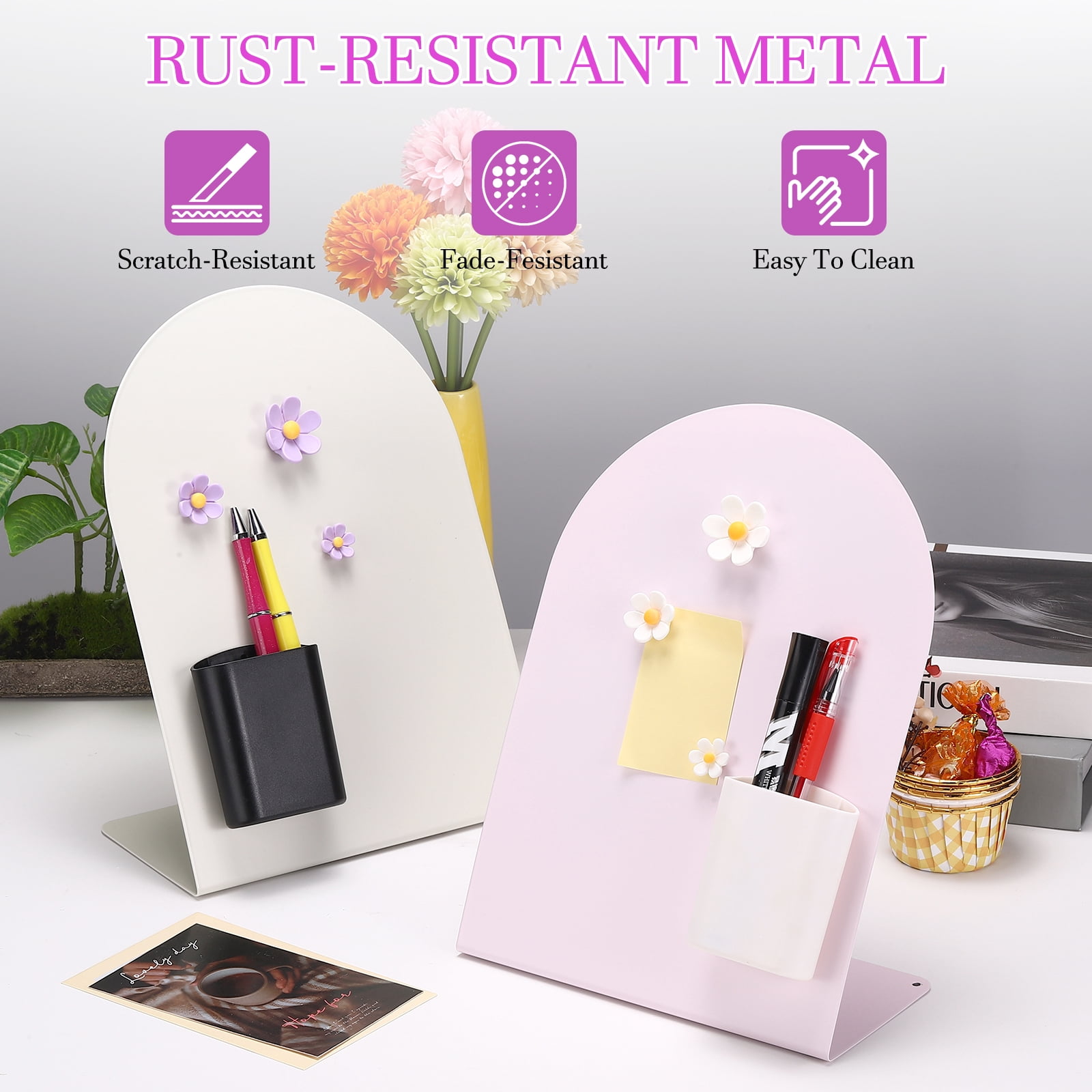 Uxcell 2 Pcs Magnetic Bulletin Board, Memo Magnet Display Stand Board with 6 Flower Magnets & Pen Holder for Home Office, White/Purple/Black