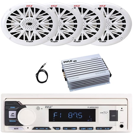 Pyle PLMRB29W2 Single DIN Marine Bluetooth USB/AUX MP3 Player AM/FM Radio In-Dash Stereo White Receiver 4x 6x9 260 Watt Max Power 2-Way Full Range White Boat Speakers 4 Channel Amplifier Antenna