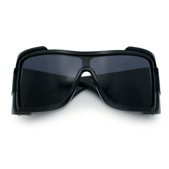 XXL Curved Wrap Around Rectangular Thick Arm Sport Plastic Sunglasses All Black