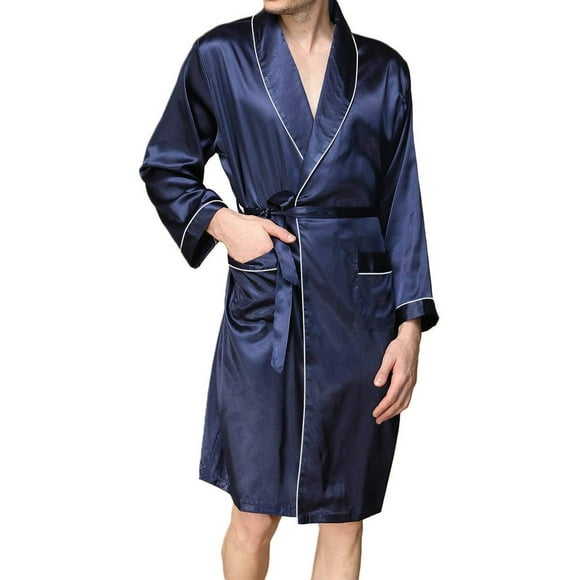 Gupgi Men Satin Bathrobe Contrast Color Long Sleeve V Neck Midi Night Robe with Pockets