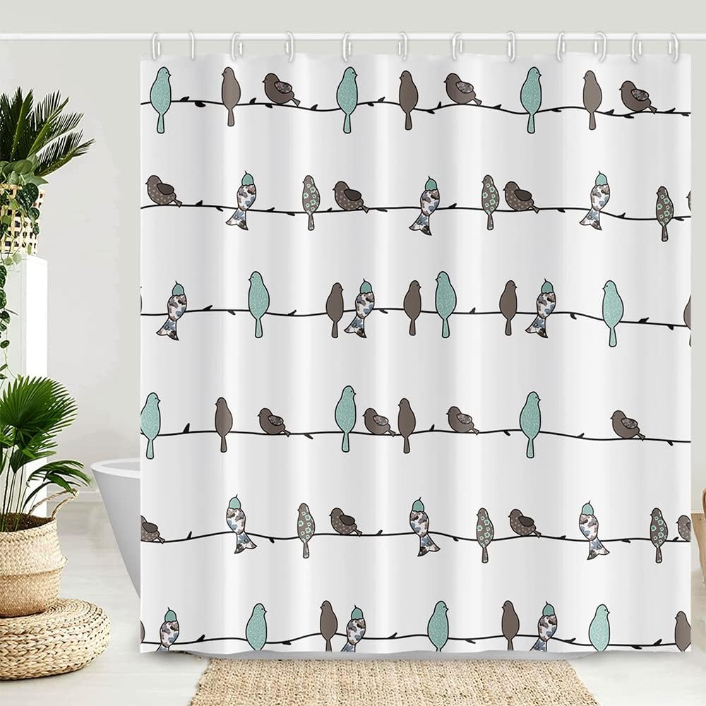 Sonernt Birds Shower Curtains Cute Blue and Gray Rowley Birds on Tree