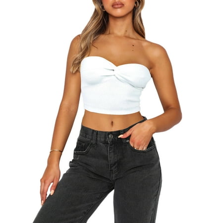 

MISOWMNJOY Women Casual Slim Rib Knit bra top Solid Color Harajuku Strapless Sleeveless Twist Knotted Crop Tops