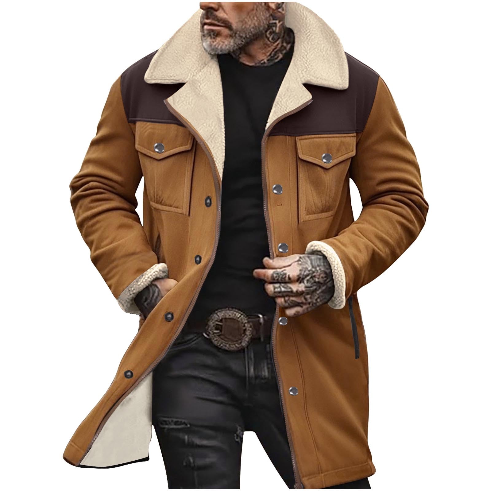 BLTIBY Mens Vintage Suede Jacket Plush Collar 2024 Faux Leather Jackets Men Zip Up Motorcycle Coat Coats Retro Tops Khaki 3XL