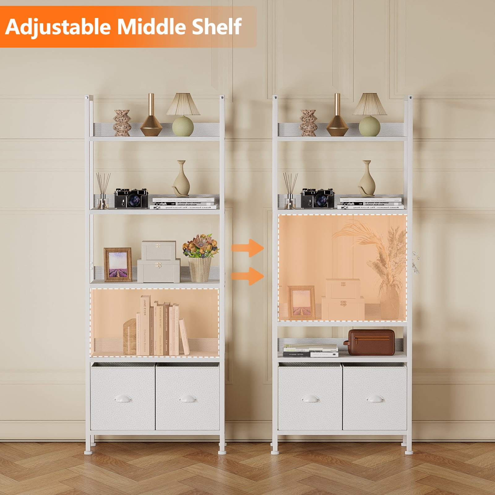 Satifur 5 Tier White Modern Bookshelf, Space-Saving Storage Rack with 2 Removable Drawers, Sturdy Structure for Bathroom, Home Office