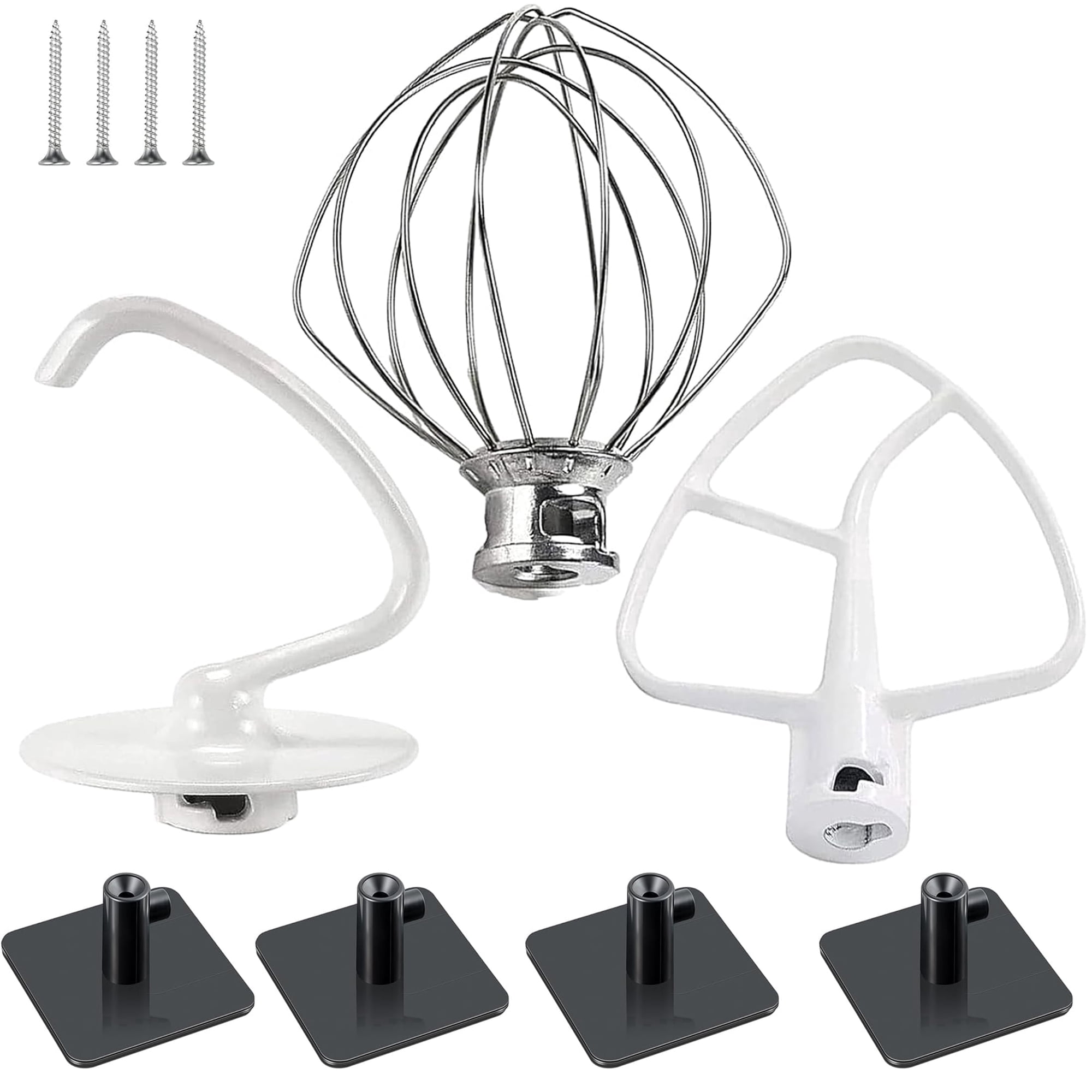 Stand Mixer Attachments Kit Compatible with KitchenAid, Stainless Steel Wire Whip, Dough Hook, Flat Beater Paddle with Scraper, Replacement Mixer Accessories, with 4 Holders