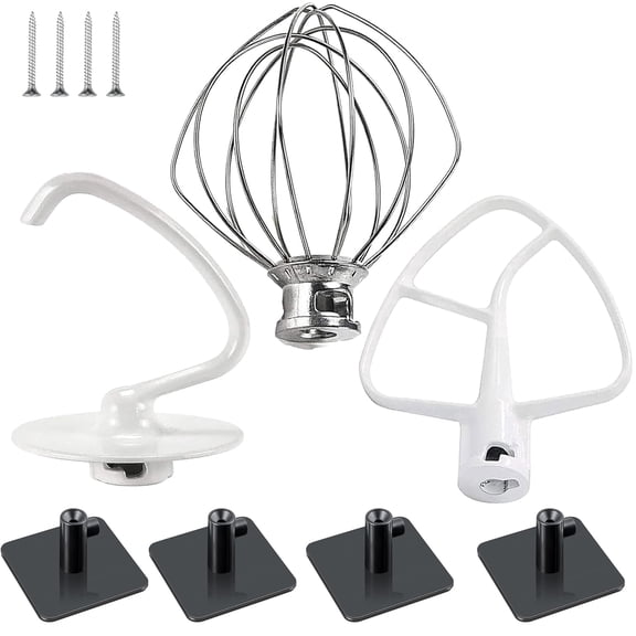 Stand Mixer Attachments Kit Compatible with KitchenAid, Stainless Steel Wire Whip, Dough Hook, Flat Beater Paddle with Scraper, Replacement Mixer Accessories, with 4 Holders