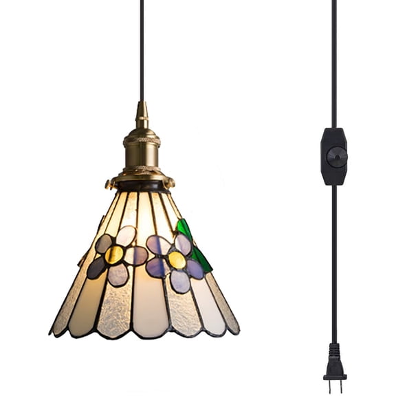 Kiven Plug in Pendant Light, Tiffany Stained Glass Hanging Light Fixture with Glass Lampshade, E26 Socket Dimmable Pendant Light for Bedroom Hallway Kitchen Island
