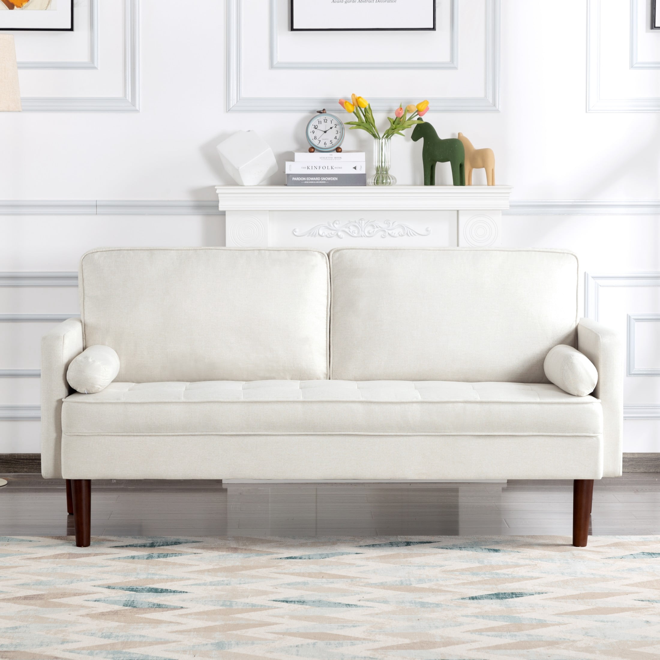 Gewnee 65" Modern Loveseat Couch, Upholstered Sofa with Removable Back Cushion and 2 Bolster Pillows, Contemporary Loveseat for Living Room, Home Office, Bedroom(White)