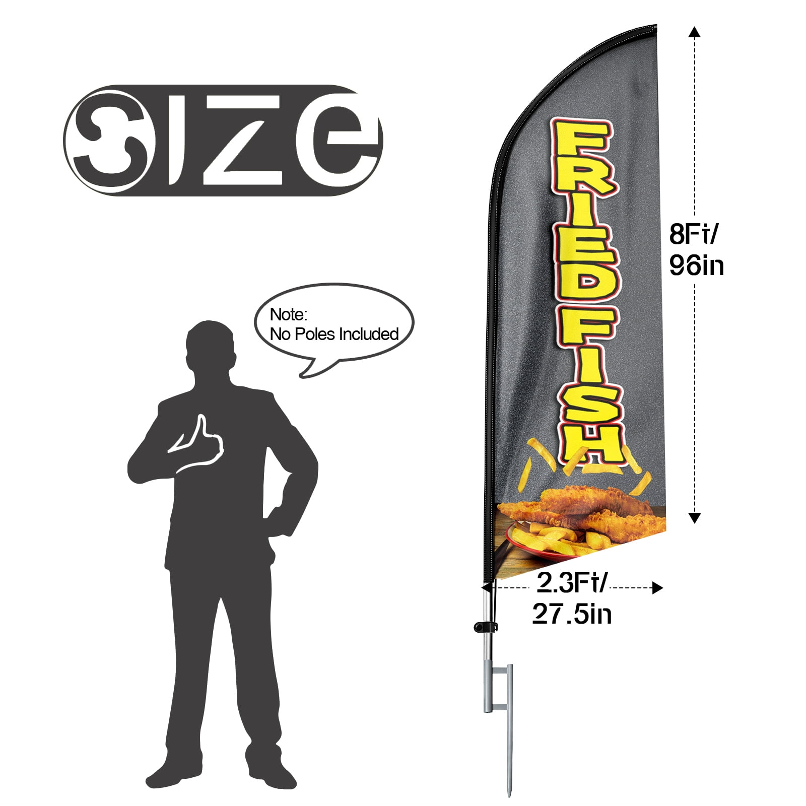 Fried Fish Sign Feather Flag,8FT Fried Fish outdoor advertising flag, Fried Fish Business Sign,Fried Fish Swooper Flag（FLAG ONLY）