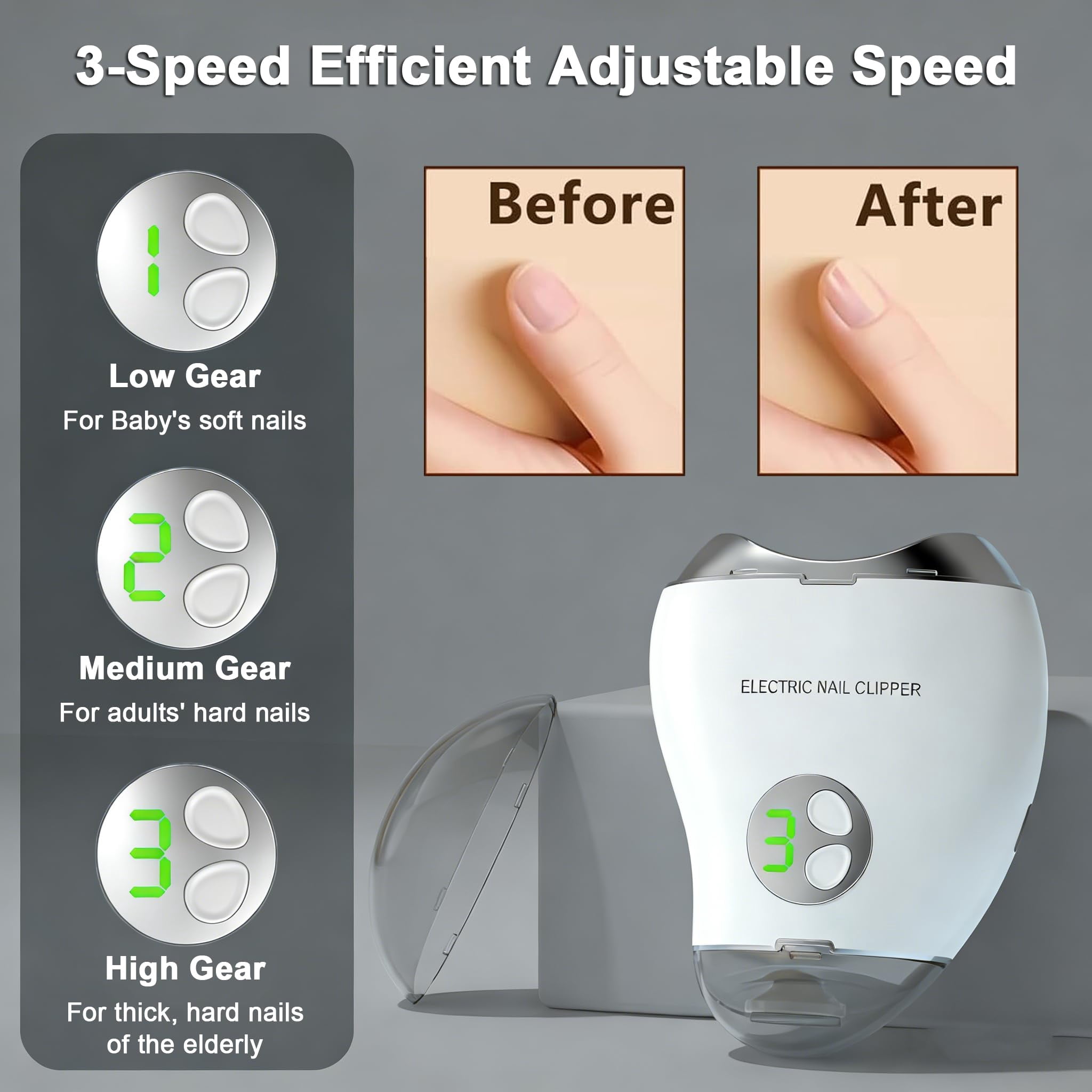 Electric Nail Clipper, 4-in-1 Rechargeable Automatic Nail Clipper Set with 3 Speed Gears/Nail File/Polishing/Trimmer/LED Light, Safe Smart Nail Clippers for for Baby, Kids, Adult and Seniors, White