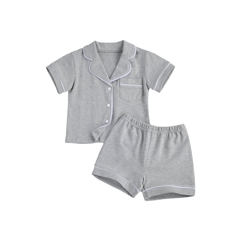 Kids Toddler Baby Boys Girls Cotton Pajama Sets Solid Color Short Sleeve Button Top and Shorts Sleepwear