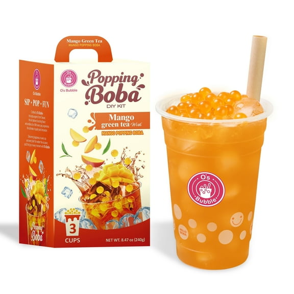 O’s Bubble Popping Boba DIY Kit – 3 servings – Refreshing Mango Green Tea with Juicy Mango Popping Boba