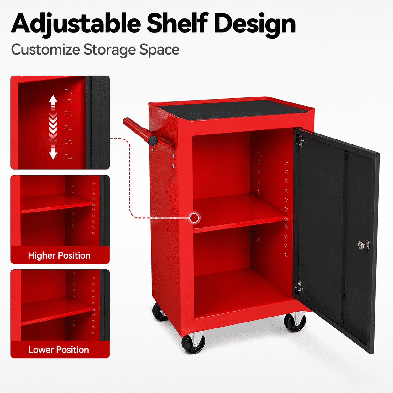HPDAVV Detachable 3-Drawer Rolling Tool Chest, Red Metal Tool Box and Storage Cabinet with Adjustable Shelf, Locking Drawers, Side Handles and Brake Wheels for Garage Workshop