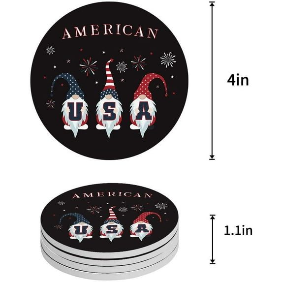 FMSHPON Independence Day Gnomes Set of 4 Round Coaster for Drinks, Absorbent Ceramic Stone Coasters Cup Mat with Cork Base for Home Kitchen Room Coffee Table Bar Decor