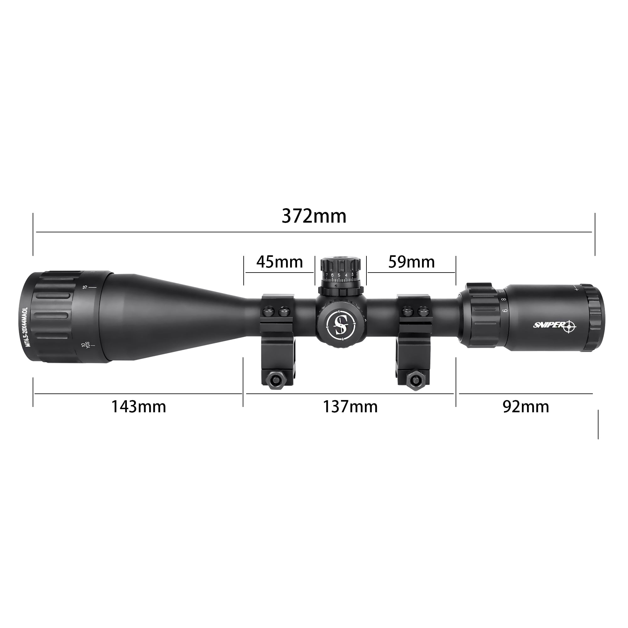 MT 6.5-20x44 with Lock Zero and Adjustment W/e and W Front Aol. Red/green/blue Illumination Mil-dot Reticle. Comes with Extended Sunshade and Heavy Duty Ring Mount and Lens Cover