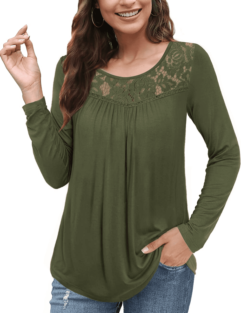 VOIANLIMO Women's Plus Size Tops Casual Long Sleeve Shirts Lace Pleated ...