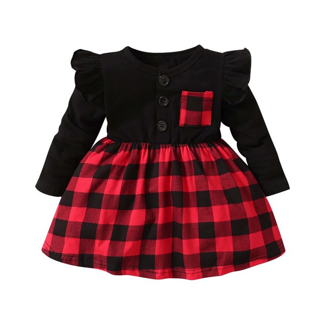 Vestido Para Niñas, Ropa Para Bebés, Otoño Invierno, Negro, Floral, Con Volantes, De Manga Larga, Parte Superior Del Cuerpo, Estampado A Cuadros, Vestido Rojo Odeerbi LM103-5447