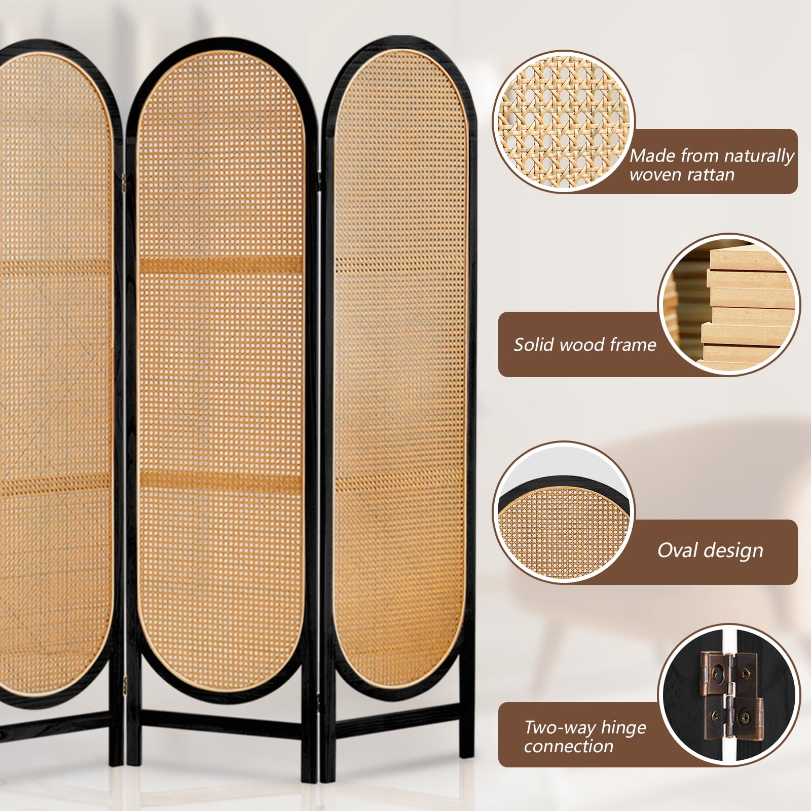 ALeesing 6 Panels Wood Rattan Room Divider, Folding Privacy Screens, No Installation, Light Brown