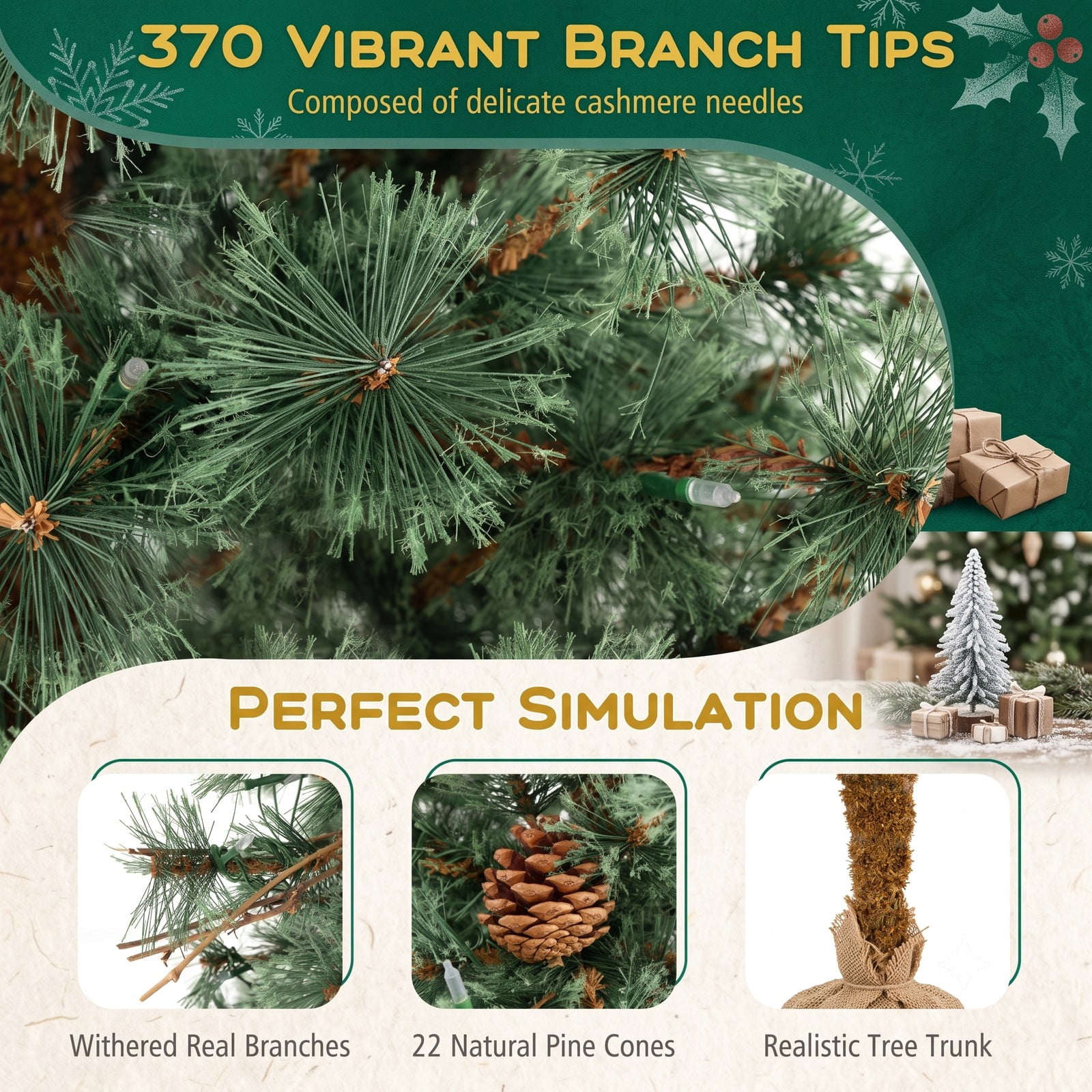 RUIE 6 Feet Pre-Lit Artificial Christmas Tree, Hinged Xmas Pine Tree with 200 Warm White LED Lights and 22 Pine Cones for Holiday Indoor Decor, Green