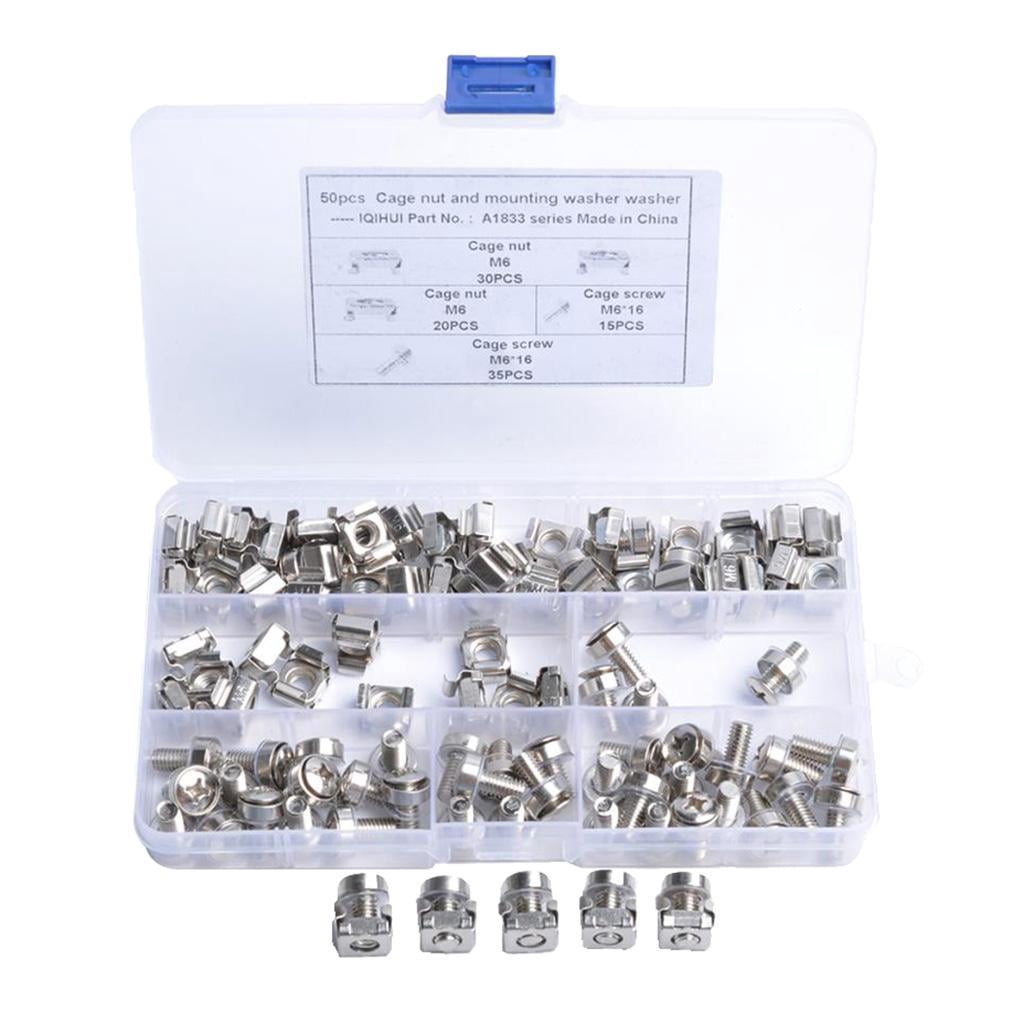 50 Mount Cage Nuts, Screws and Washers for Rack Mount Server Cabinet, Rack Mount Server Shelves, Routers, (M6 x 16mm)