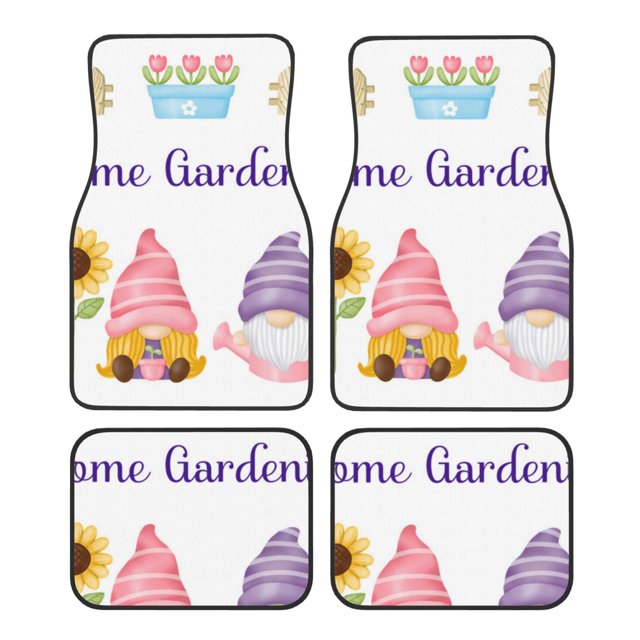 Balery Watercolor Gnome Garden Juego de 4 Alfombrillas para Auto, Revestimientos de Caucho Resistente, Diseño Antideslizante
