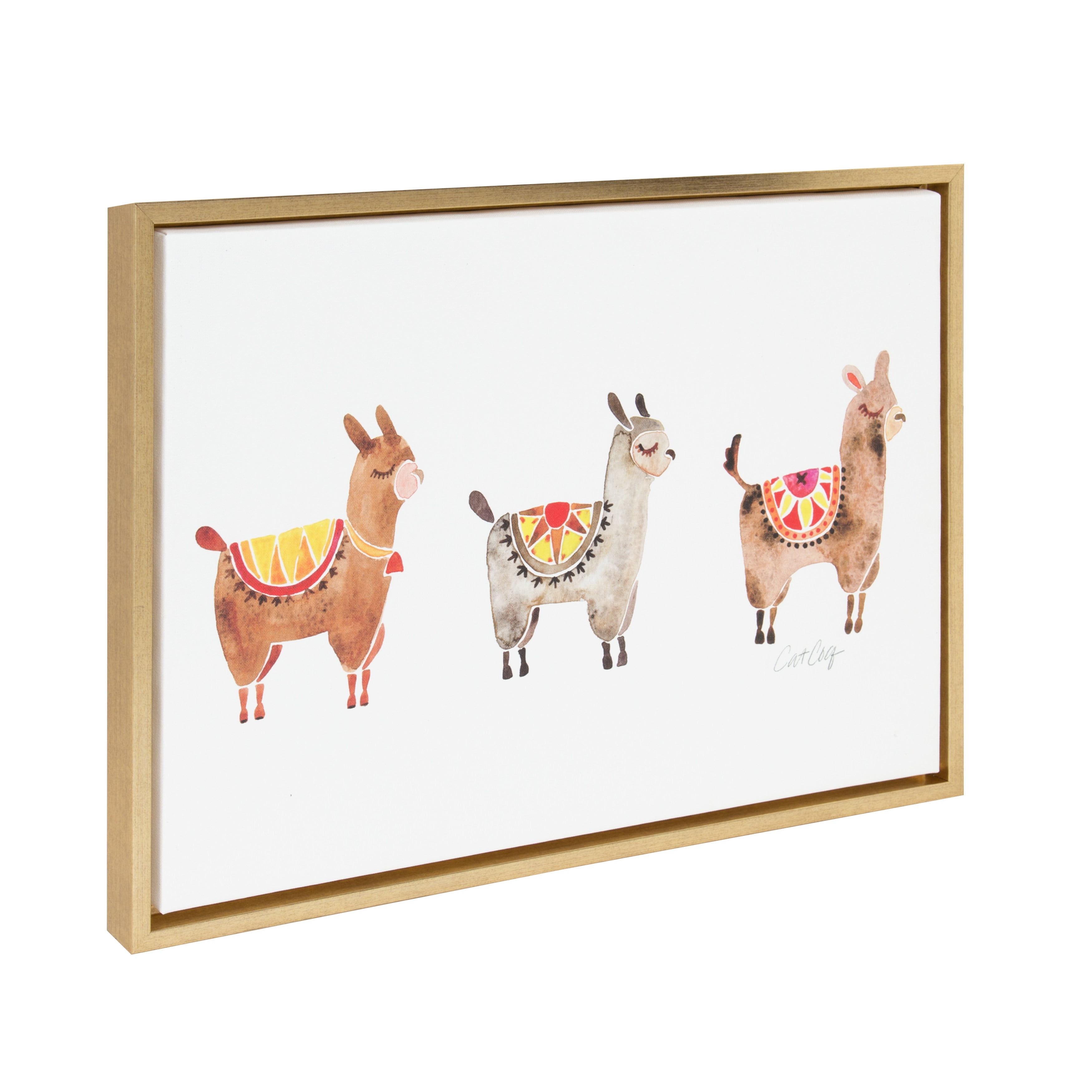 Kate and Laurel Sylvie Alpacas Horizontal Framed Canvas Wall Art by Cat Coquillette, 18x24 Gold