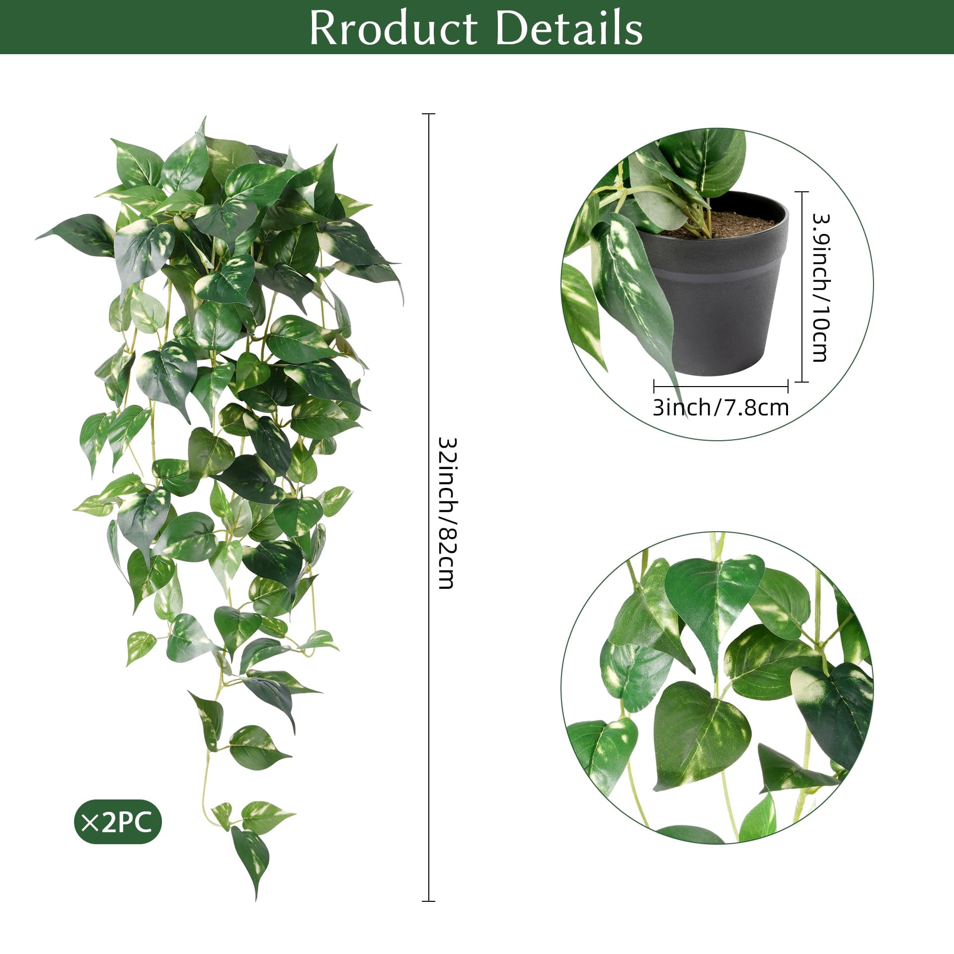 Fake Hanging Plants with Pots - Realistic Artificial Plant for Indoor Outdoor, 33In Silk Fake Potted Plants, 2PC Faux Ivy Vine for Shelf Tabletop Office Decor, Dark Green