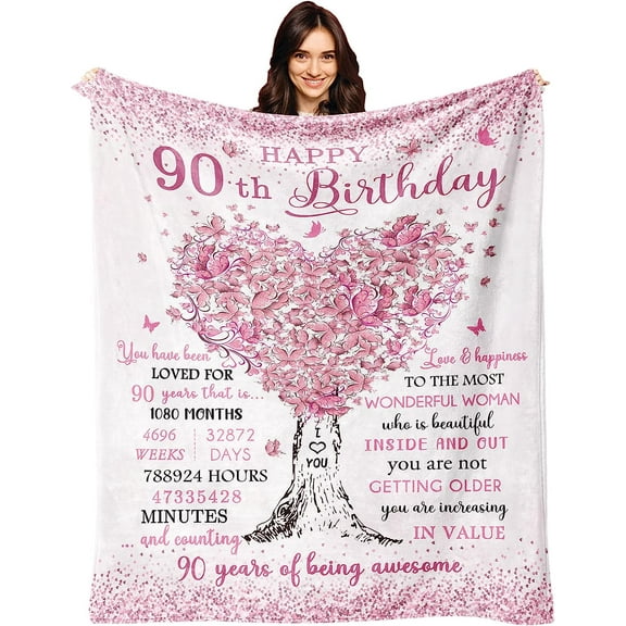 90th Birthday Gifts for Women Blanket 60"X50", 90th Birthday Decorations for Women, Best 90 Year Old Woman Birthday Gifts, 1935 Woman Present, Happy 90 Bday Present for Female Throw