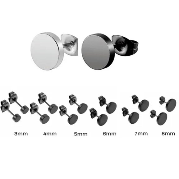 K-KED 6 Pairs Black Flat Round Stud Earrings Stainless Steel Punk Men Ear Piercing -Black