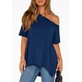 thumbnail image 3 of PRETTYGARDEN Off The Shoulder Tops for Women Summer Short Sleeve Asymmetrical Oversized Tee Shirts Casual Spring Clothes, 3 of 10