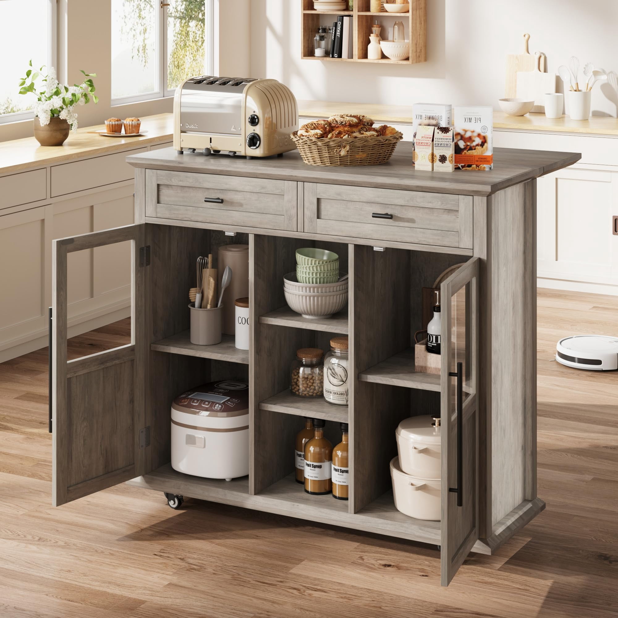 Rolling Kitchen Island Cart with Folding Drop Leaf, Breakfast Bar, Portable Trolley Island with Large Storage Cabinet, Shelf and Drawer