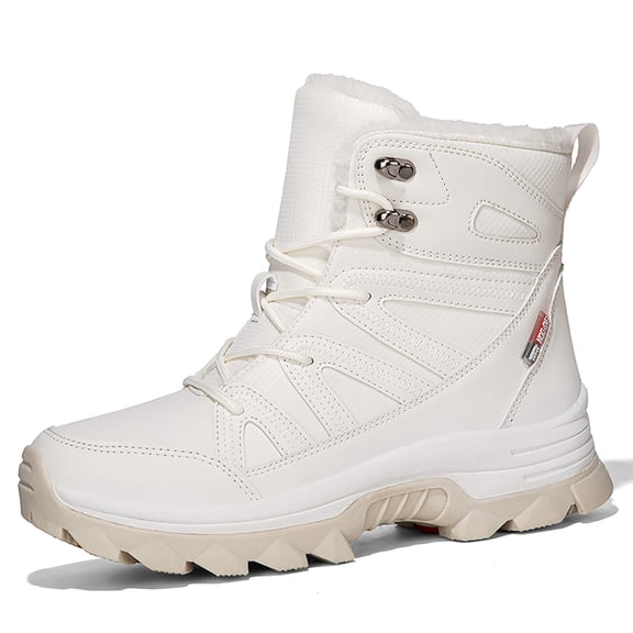 Lace Up Mid Calf Snow Boots for Women Warm Plush Waterproof Winter Booties Platform Fleece Lined Non Slip Work Shoes White Size 7