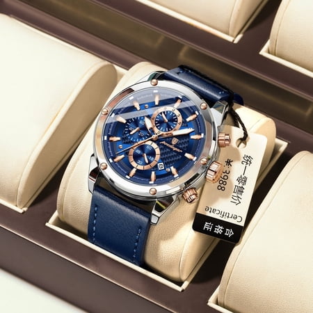 EXPLOJOY Men's Quartz Leather Watch – Waterproof, Six-Hand Chronograph, Date & Luminous Dial