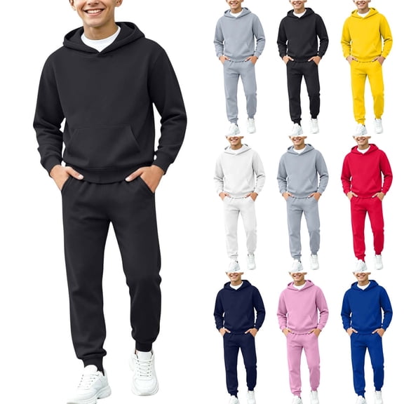 Spazoro Boys Sweatshirt Jogger Set with Kangaroo Pockets, Elastic Waist Long Sleeve Hooded Neck Regular Fit Solid Color Warm Fleece Lined Active Outfits for Kids Black Size 5-6