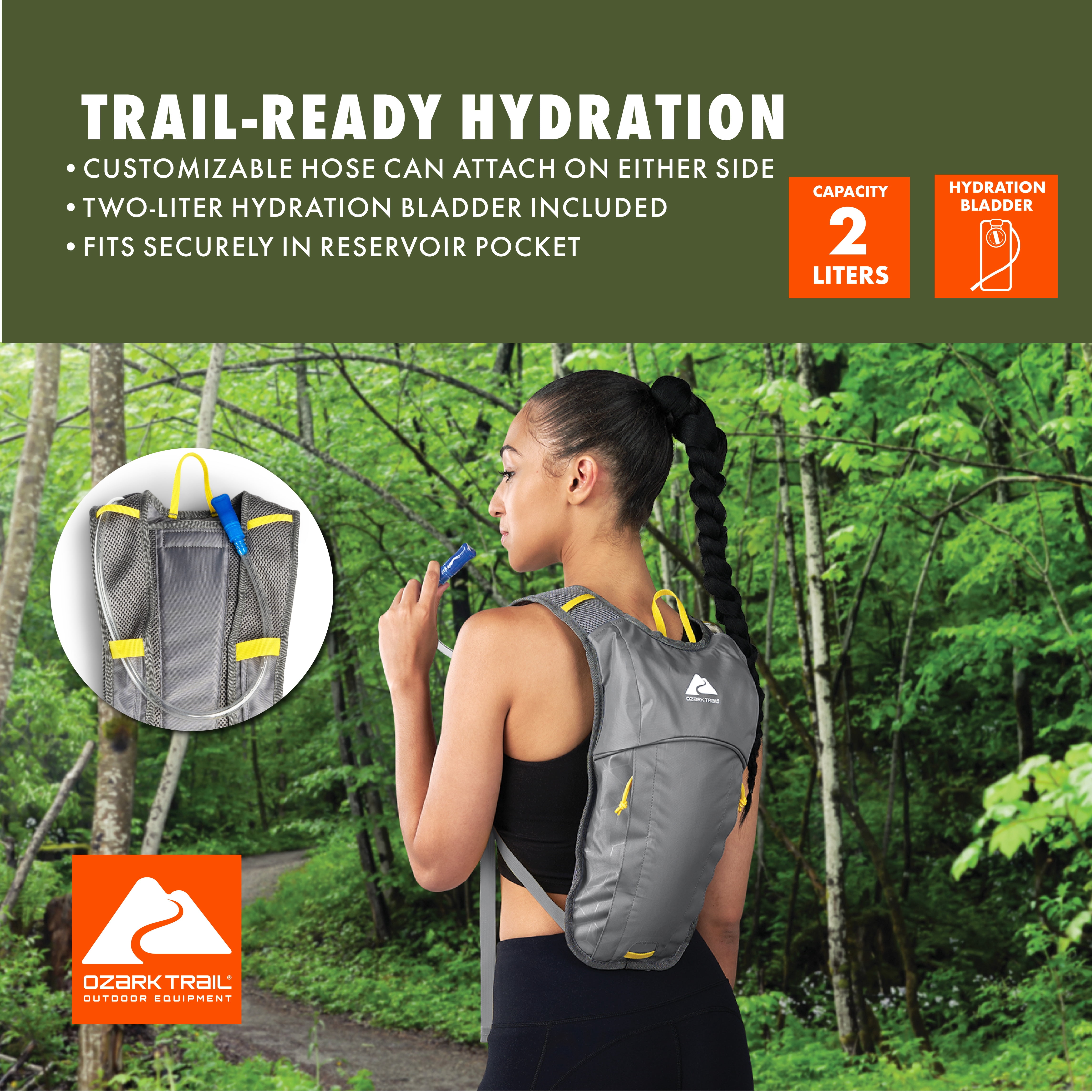 Ozark Trail 2L Hydration Pack with Reflective Accent, Gray