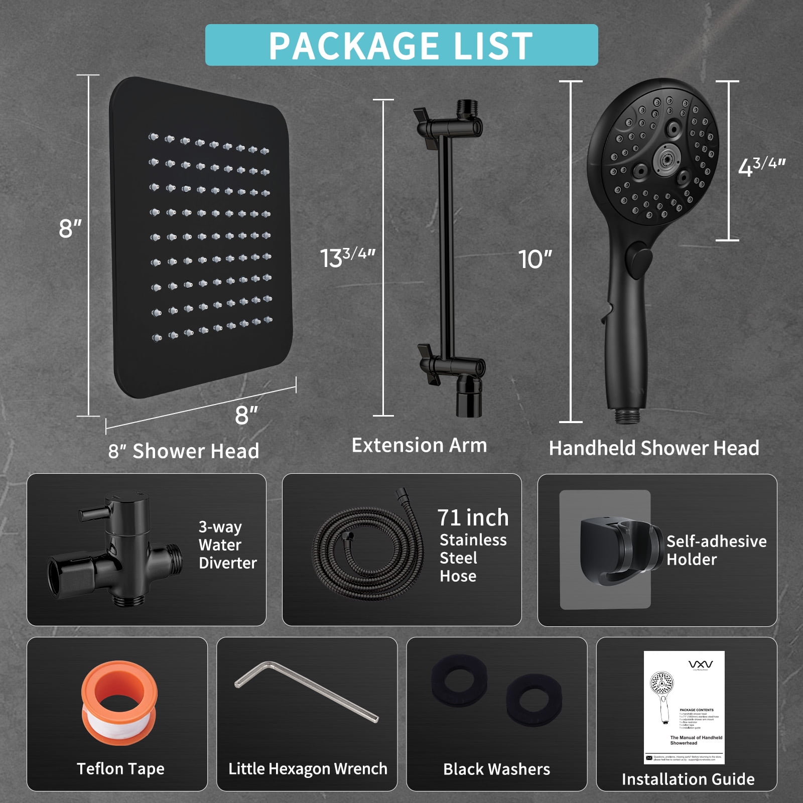 VXV 7-Setting Shower Head, 8” Rain Shower Head with Handheld Spray Combo, 11" Extension Arm Height Adjustable, High Pressure Shower Heads, Matte Black
