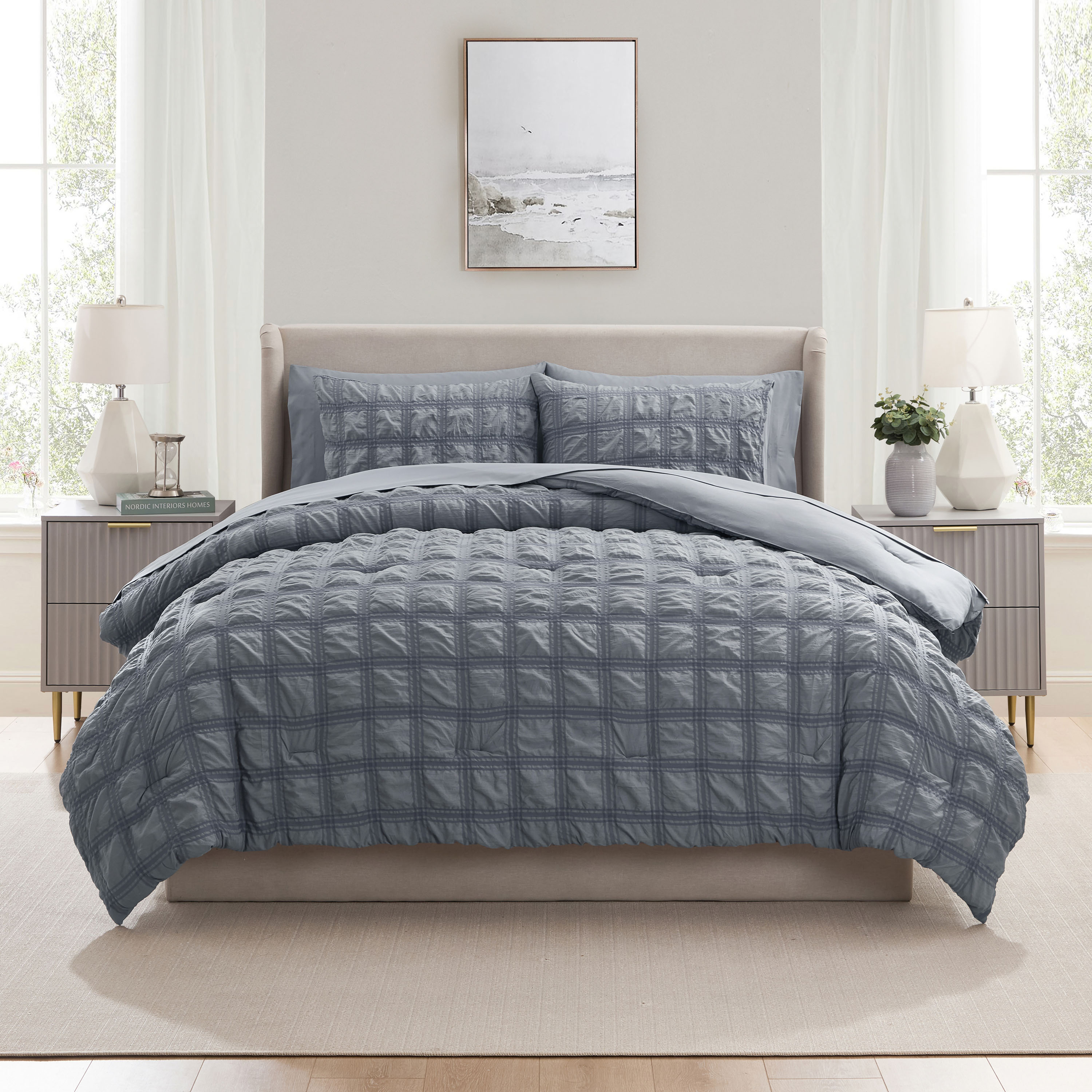 LammaLoe Queen Comforter Set, 7 Piece Seersucker Bed in a Bag, Bedding Comforter Set with Sheets, Modern Bed Set, Slate Blue