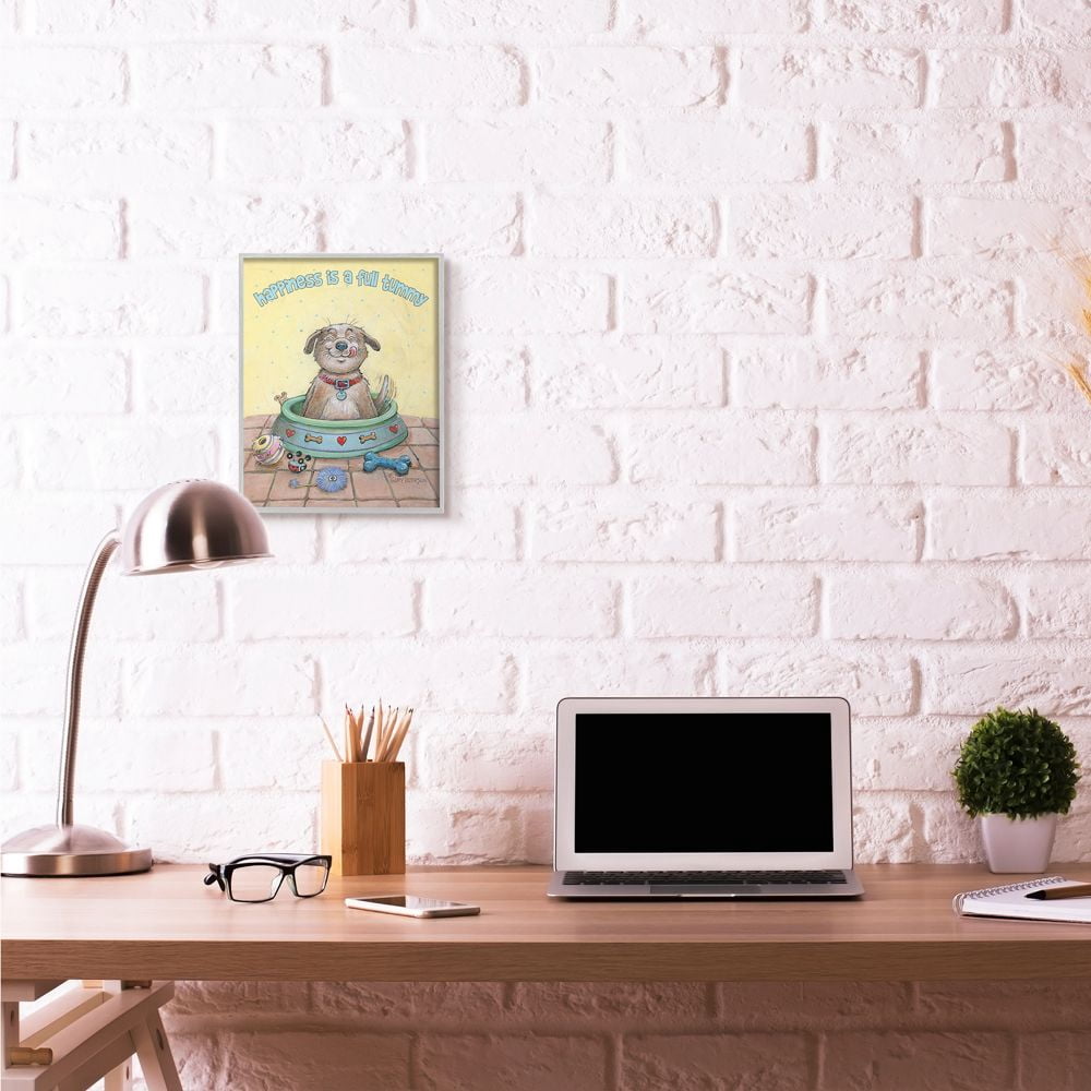 Happiness Is A Full Tummy Dog Funny Cartoon Pet Design Gray Farmhouse Rustic Framed Giclee Texturized Art by Gary Patterson