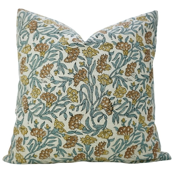 Fabdivine “Thorny Steams” Mustard Floral Block Print Cushion – Pure Linen Handmade Pillow for Farmhouse & Boho Décor