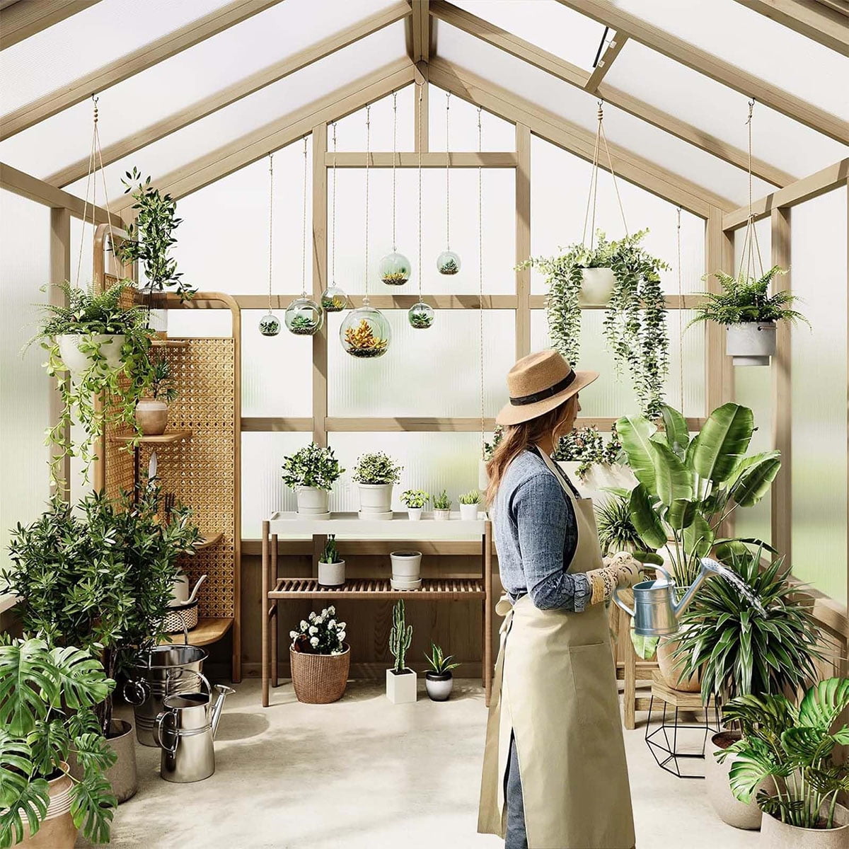 Outdoor Greenhouse, 8x6FT Heavy Duty Wooden Greenhouse with Polycarbonate Panels & Lockable Door - Sturdy Wood Frame Garden Green House with Adjustable Roof Vent, for Yard, Gardening（ship in 3 boxes）