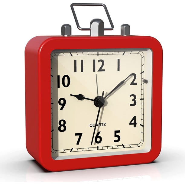 Reloj despertr a pilas con caja cuadrada de metal, cuarzo analógico sin tictac, reloj de escritorio para dormitorio, viajes, niños (rojo)