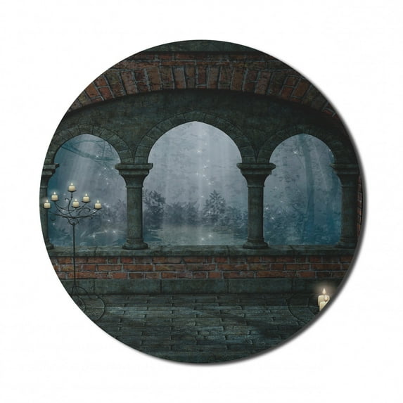 Gothic Mouse Pad for Computers, Medieval Castle at Night with Old Arch and Candles Middle Age Misty Image, Round Non-Slip Thick Rubber Modern Mousepad, 8" Round, Blue Grey and Red, by Ambesonne