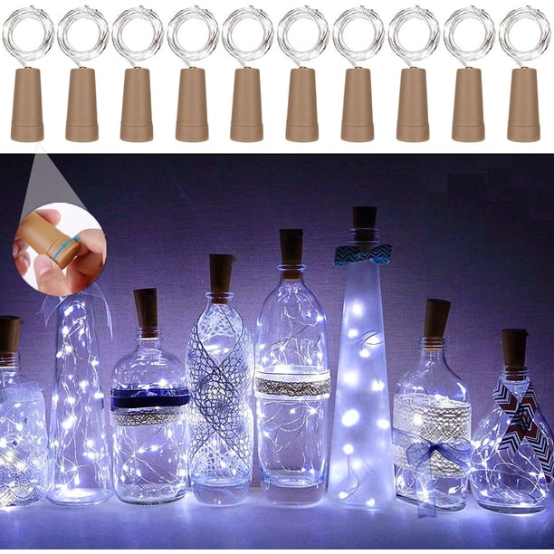 Luz de botella de vino con corcho 10 paquetes 20 luces de hadas LED para botella Luces de hadas Luces de estado de ánimo Botella de vino Alambre de cobre, Funciona con pilas para fiestas de bricolaje, Navidad, Halloween 2m Blanco puro BANYUO Electrónica