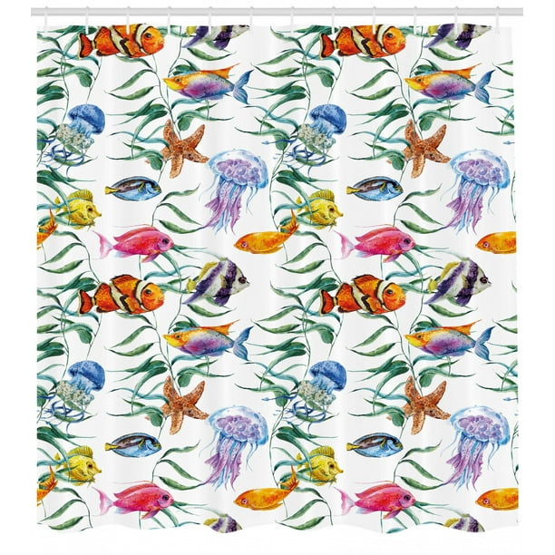 Ocean Animal Decor Shower Curtain, Tropical Coral Reef with Seaweed