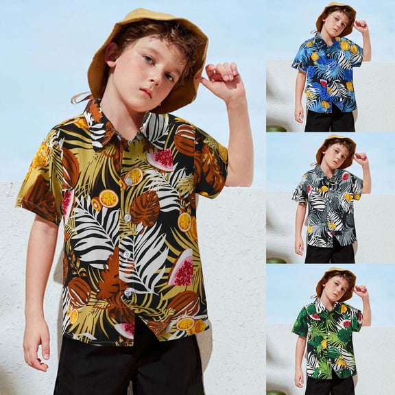 RTKFRFLM Boys' Hawaiian Aloha Beach Shirt Tropical Floral Print Short Sleeve Collared Top for Kids Fashionable Casual Button Down Holiday Soft Breathable Summer Party Wear Size 5-14