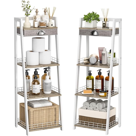 X-COSRACK 4-Tier White Ladder Shelf with Drawer, Narrow Wood & Metal Storage Organizer Bookshelf for Bathroom & Living Room, White