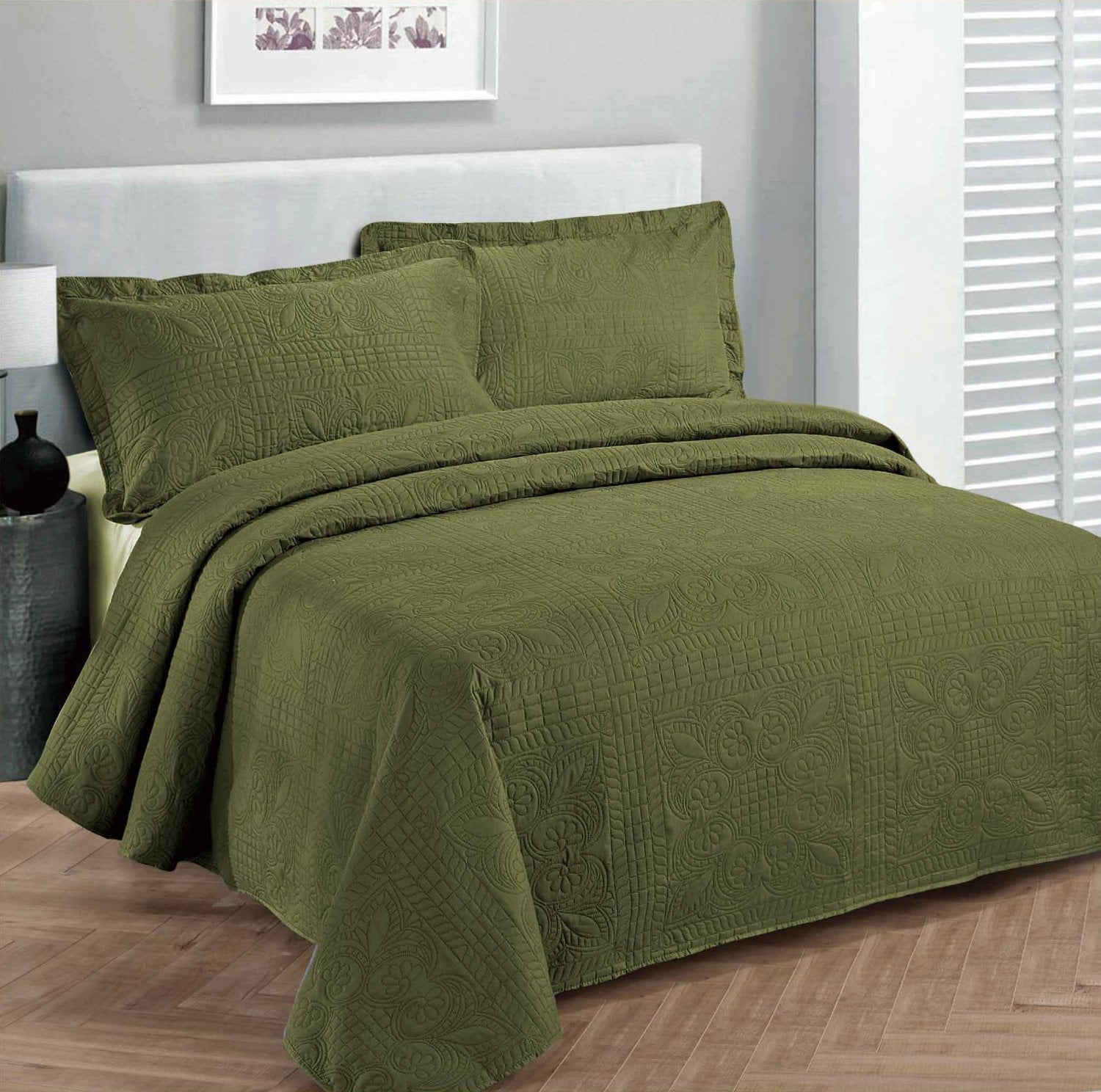 Fancy Linen 3pc Embossed Coverlet Bedspread Set Oversized Bed Cover Solid Floral Daisy Pattern New # Allis King//California King, Light Green